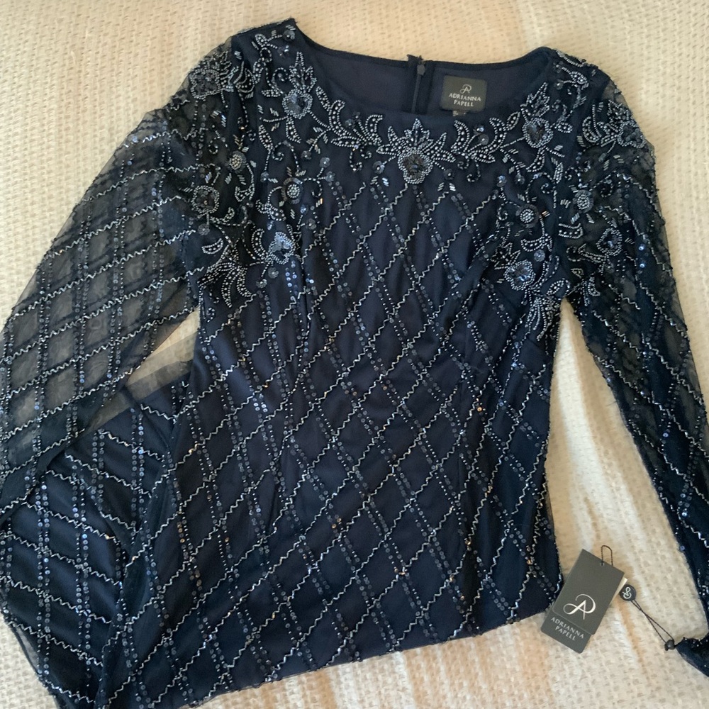 Adrianna Papell New With Tags Midnight Blue Beaded Long Sleeve Dress Size 8